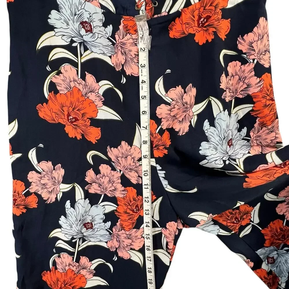 Gypsies & Moondust Jumpsuit‎ XL Navy Blue Floral Lace Up Wide Leg Tropical Boho